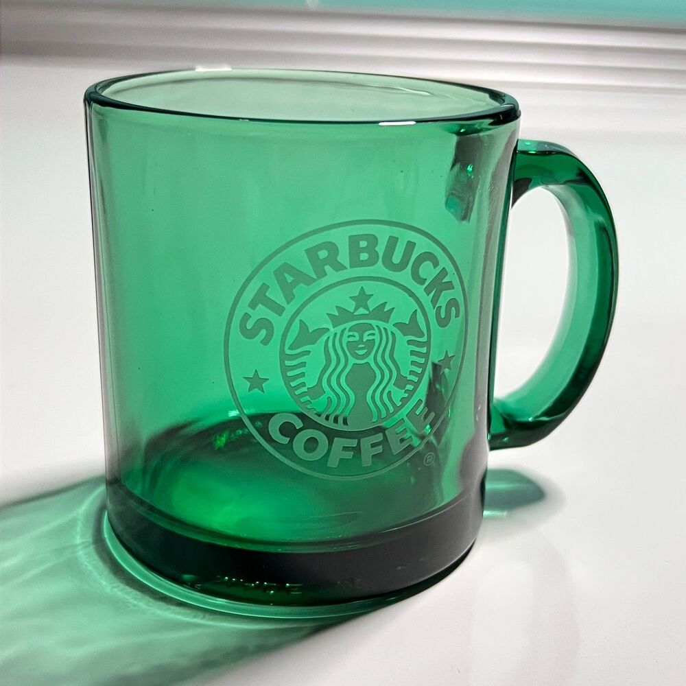 Vintage Starbucks Coffee Green Glass Mug Etched Siren Logo Made in USA Libbey
